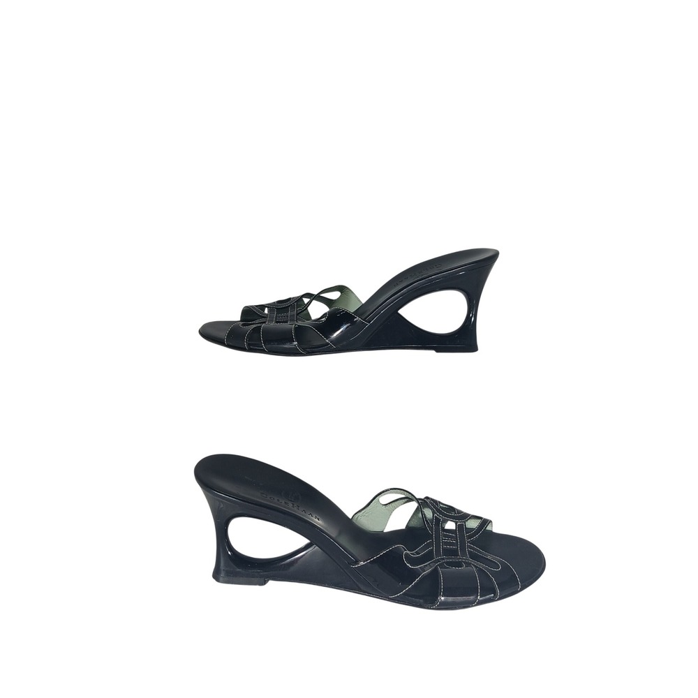 Cole Haan Wedge Sandals 7.5 Black Patent Cutout Architectural Heel Y2K Chic